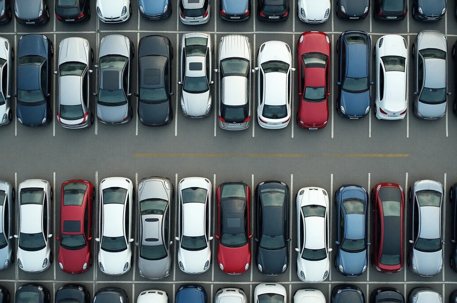 Iš viršaus nufotografuota aikštelė, kurioje eilėmis sustatyti naudoti automobiliai