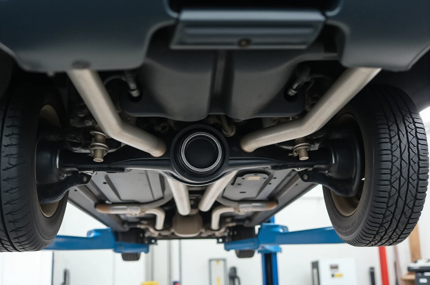 Iš labai arti nufotografuota automobilio apačia, pakelta ant serviso keltuvo